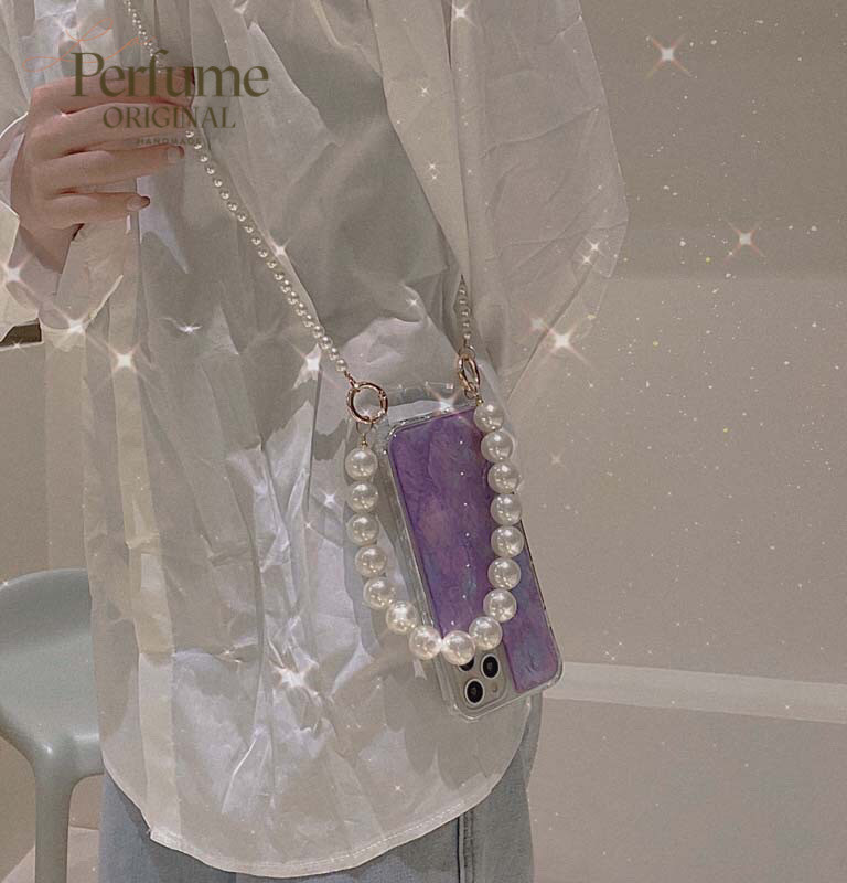 キラキラ天然シェル✨二連パールチェーン付き パープル オリジナル スマホケース 夏 海【受注生産】
