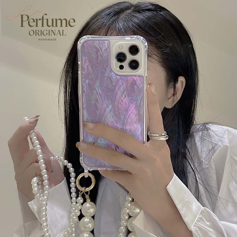 キラキラ天然シェル✨二連パールチェーン付き パープル オリジナル スマホケース 夏 海【受注生産】
