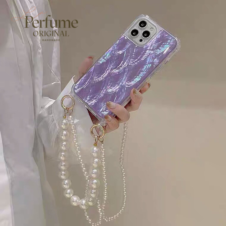 キラキラ天然シェル✨二連パールチェーン付き パープル オリジナル スマホケース 夏 海【受注生産】
