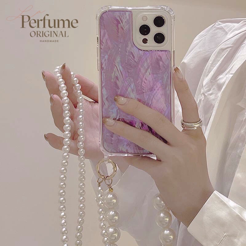 キラキラ天然シェル✨二連パールチェーン付き パープル オリジナル スマホケース 夏 海【受注生産】