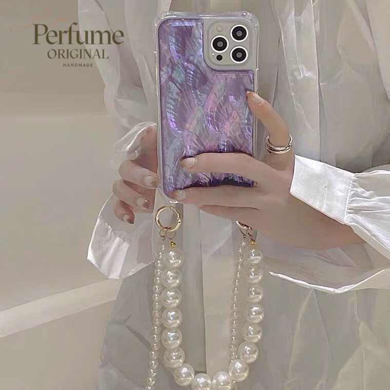 キラキラ天然シェル✨二連パールチェーン付き パープル オリジナル スマホケース 夏 海【受注生産】