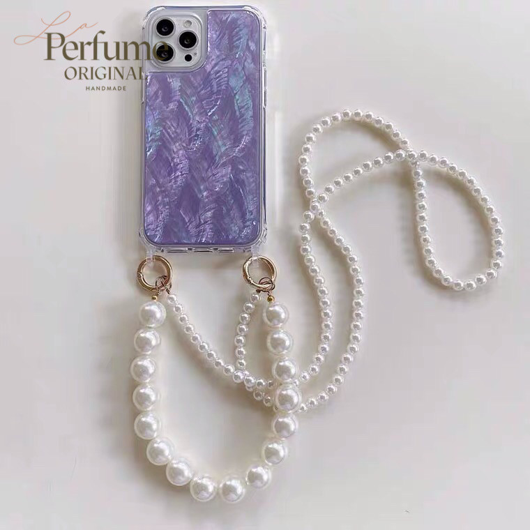 キラキラ天然シェル✨二連パールチェーン付き パープル オリジナル スマホケース 夏 海【受注生産】