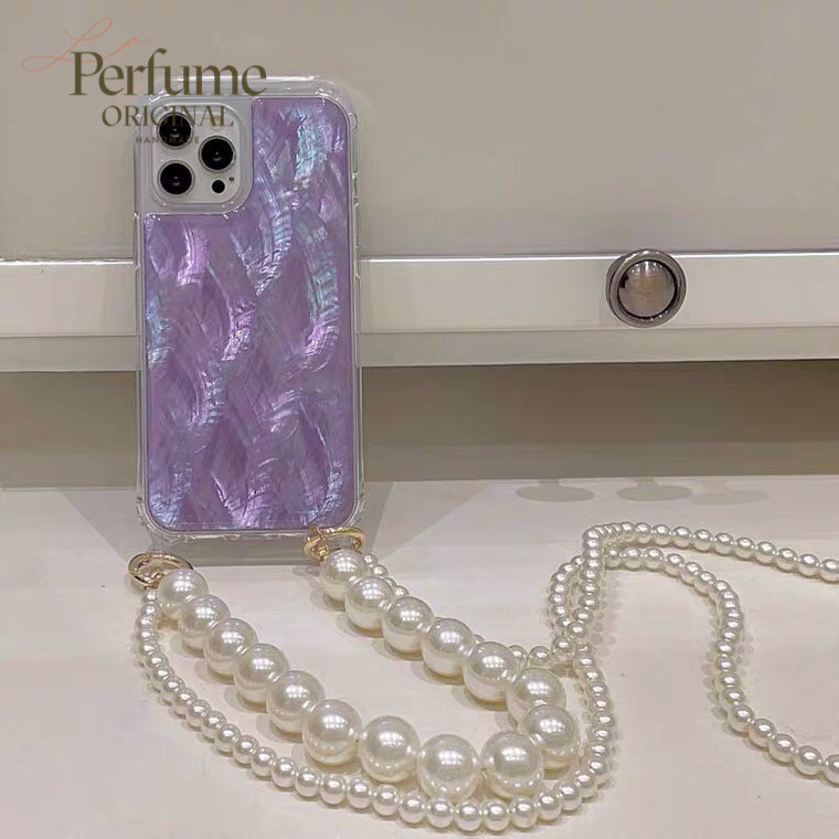 キラキラ天然シェル✨二連パールチェーン付き パープル オリジナル スマホケース 夏 海【受注生産】