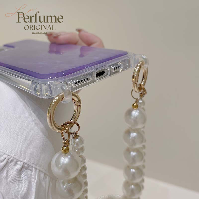 キラキラ天然シェル✨二連パールチェーン付き パープル オリジナル スマホケース 夏 海【受注生産】