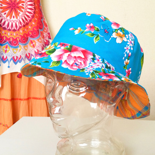 客家花布 マドラスチェック リバーシブル クロッシュ 帽子 ハット dot