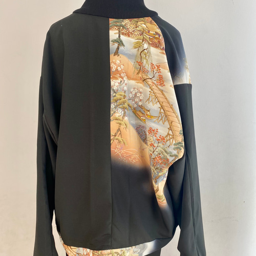 着物リメイク 黒留め袖ブルゾン 13270】 着物リメイク 黒留袖 ロングコート 刺繍 鳥模様 松