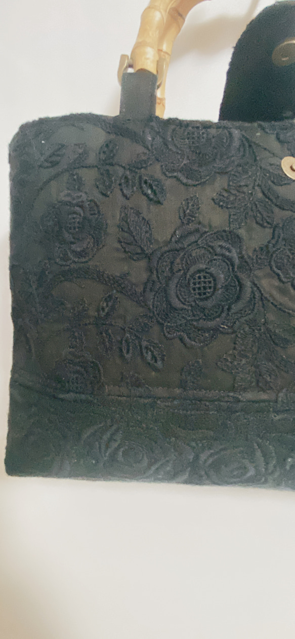 Ｓ横長　刺繍シリーズ 「バラ」バンブー　お洒落な黒いバッグ　和装にも… 8枚目の画像