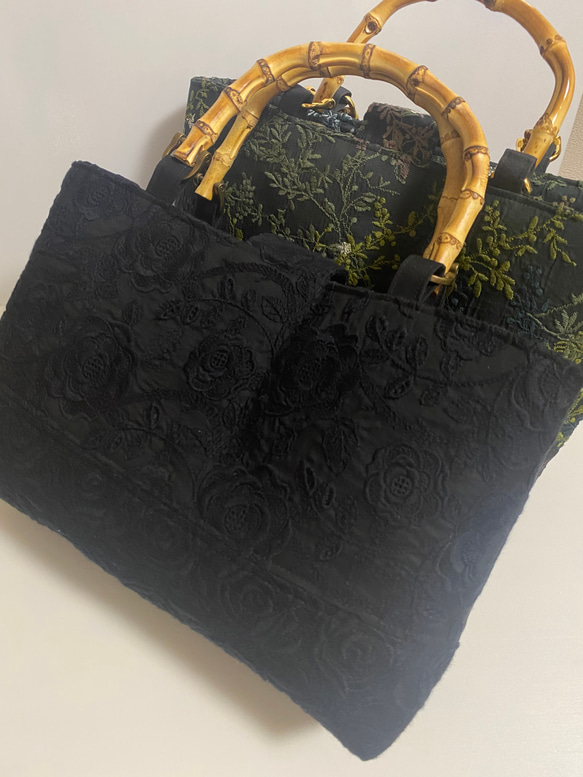 Ｓ横長　刺繍シリーズ 「バラ」バンブー　お洒落な黒いバッグ　和装にも… 7枚目の画像