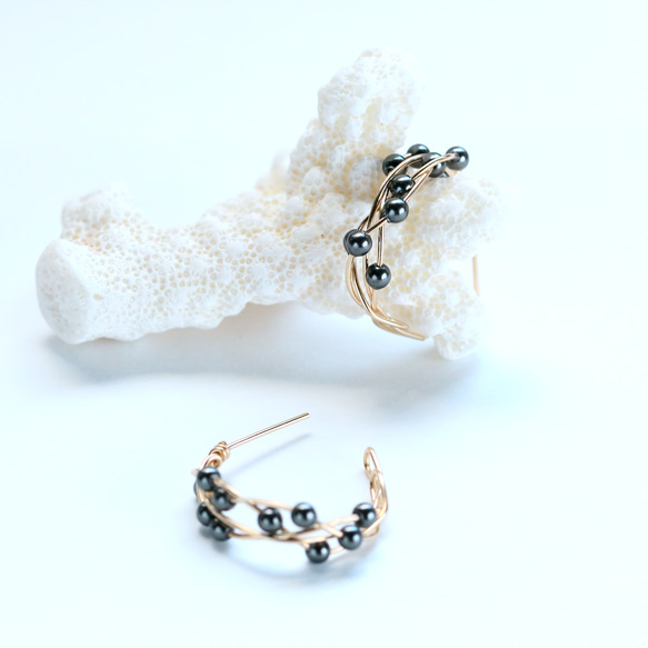 大人ブラック K14gf Swarovski Pearl Silver Black Twist Pierce 6枚目の画像