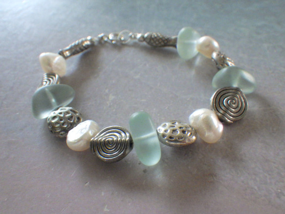 *sv925*seaglass & sea creature bracelet☆シーグラス*淡水パール 8枚目の画像