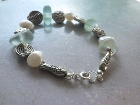 *sv925*seaglass & sea creature bracelet☆シーグラス*淡水パール 9枚目の画像