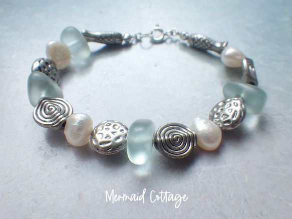 *sv925*seaglass & sea creature bracelet☆シーグラス*淡水パール 6枚目の画像