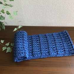 麻100%(リネン、ラミー)ブルーの模様編みスヌード 1枚目の画像