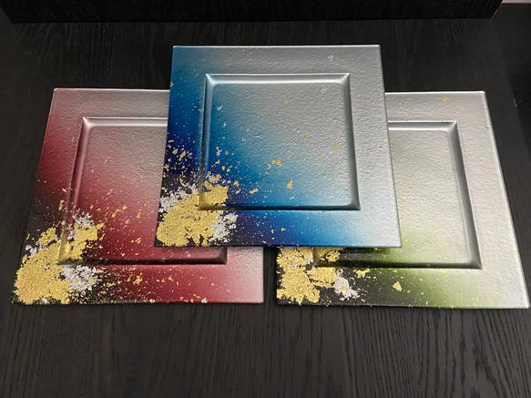 漆ガラス食器　角リムプレート31ｃｍ/グラデーション金箔【3色あり】 7枚目の画像