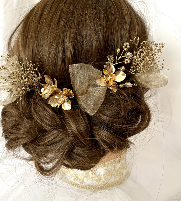 《送料無料》⌘ゴールドフラワー⌘髪飾り ヘッドドレス 結婚式 和装 卒業式 成人式 1枚目の画像