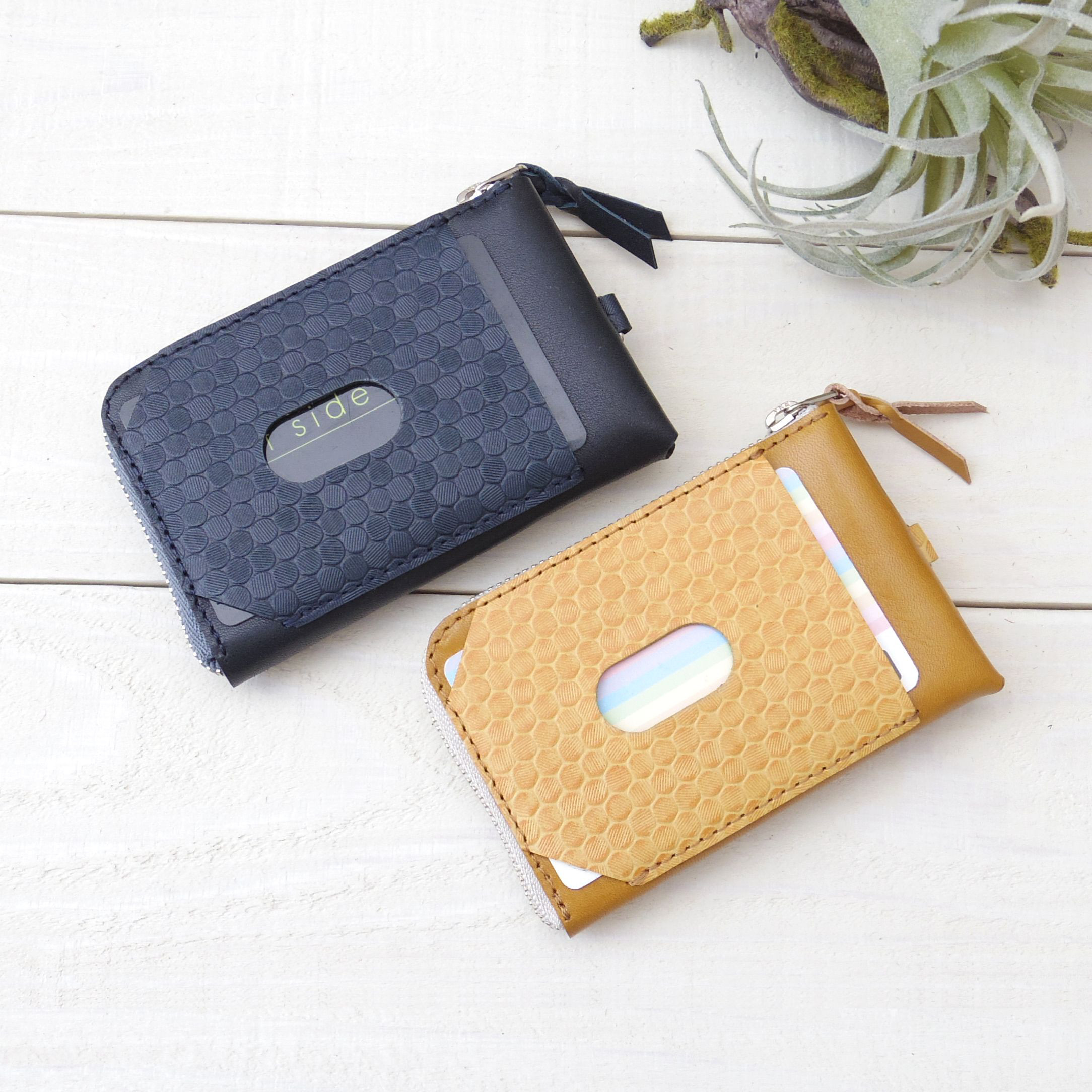 ミニマム財布☆ヌメ革×ドット型押しコンビ☆牛革 / L字ファスナー / 手のひらサイズ