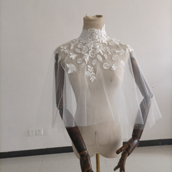 優雅上衣，披肩式波萊羅婚紗，透明花朵蕾絲盛開 第2張的照片