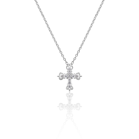 K18 白金天然石鑽石十字架十字架圖案閃光精緻紅豆鏈 第1張的照片