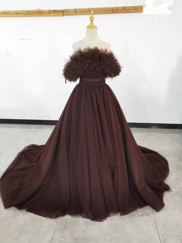 カラードレス 可愛い 茶 結婚式 前撮り ポンチョ ソフトチュール A  