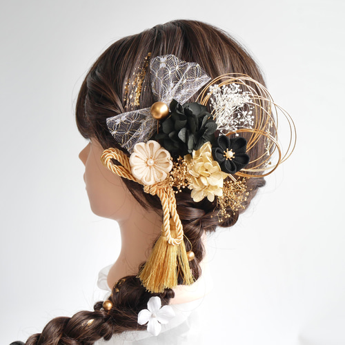 A417 つまみ細工 髪飾り 黒 卒業式 袴 結婚式 ドライフラワー 成人式