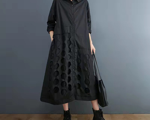 シャツ ワンピース ロング丈 Aライン 前開き 切り抜き ドット