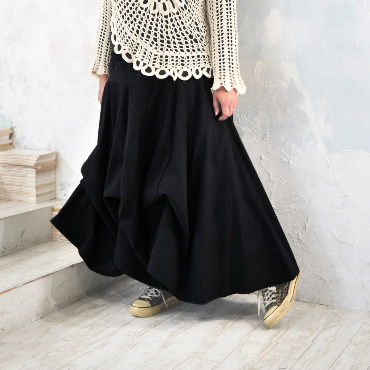 プラスサイズ【自由にアレンジスカート】販売1500枚突破＊どんなコーデも自由自在＊サーキュラースカート＊ブラック