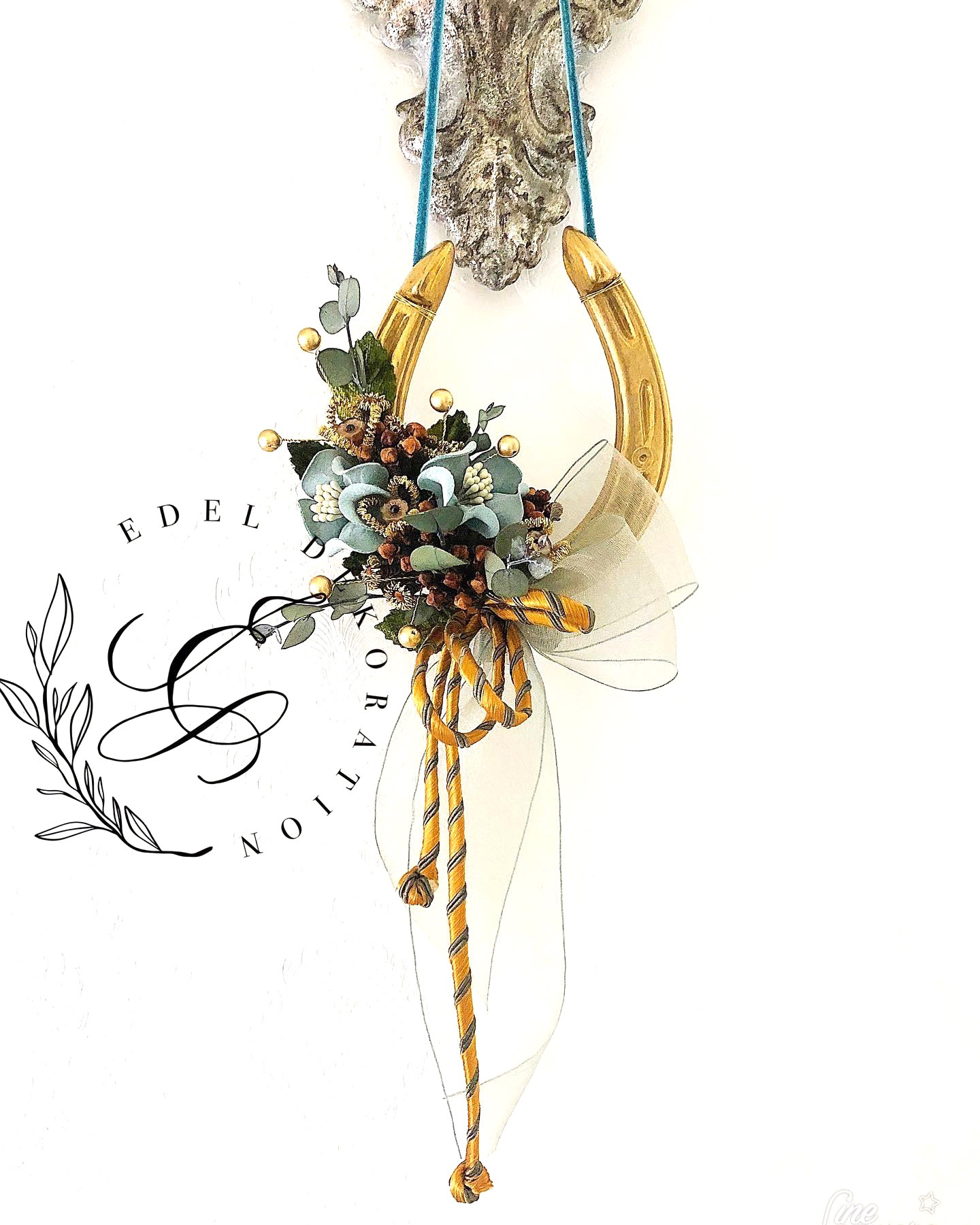 再販《受注制作》ヨーロッパの幸運のお守り〜キラリと輝く真鍮の馬蹄型(ホーフアイゼン)飾り　③ブルーグレー