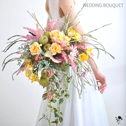 青リンゴのウェディングブーケ 造花ブーケ バラ パステル プレ花嫁