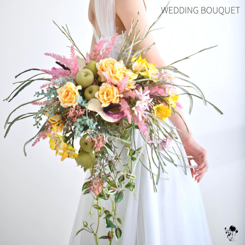青リンゴのウェディングブーケ 造花ブーケ バラ パステル プレ花嫁