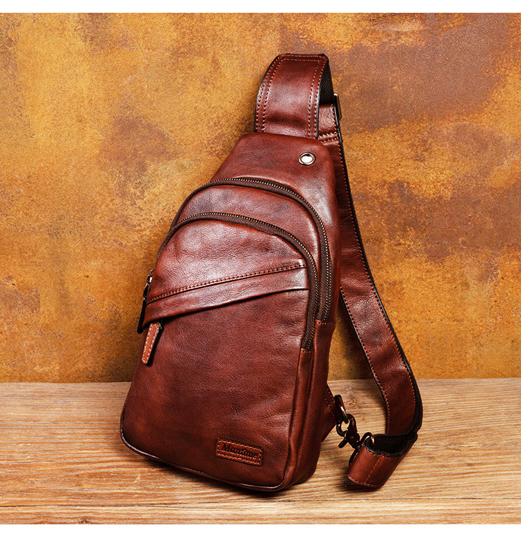 レトロトップカウハイド男性のボディバッグ 植物タンニン鞣し本革ウエストポーチ