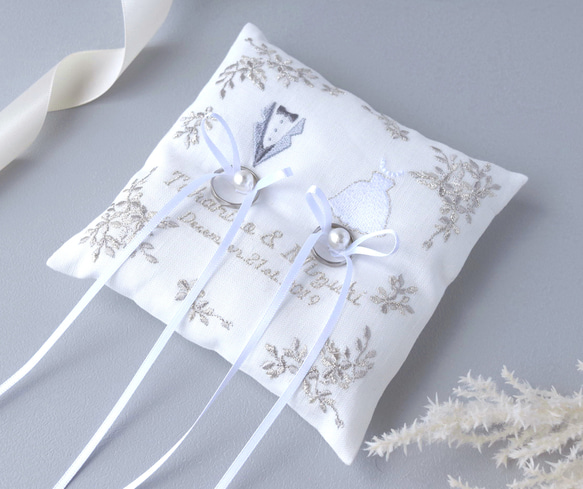 名入れ】刺繍のリングピロー | シルバーグレー | ナチュラル
