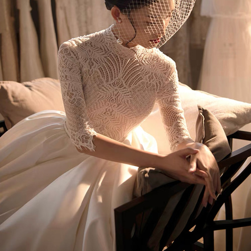 ma608 ハイネック 袖付き プリンセスライン ウェディングドレスドレス