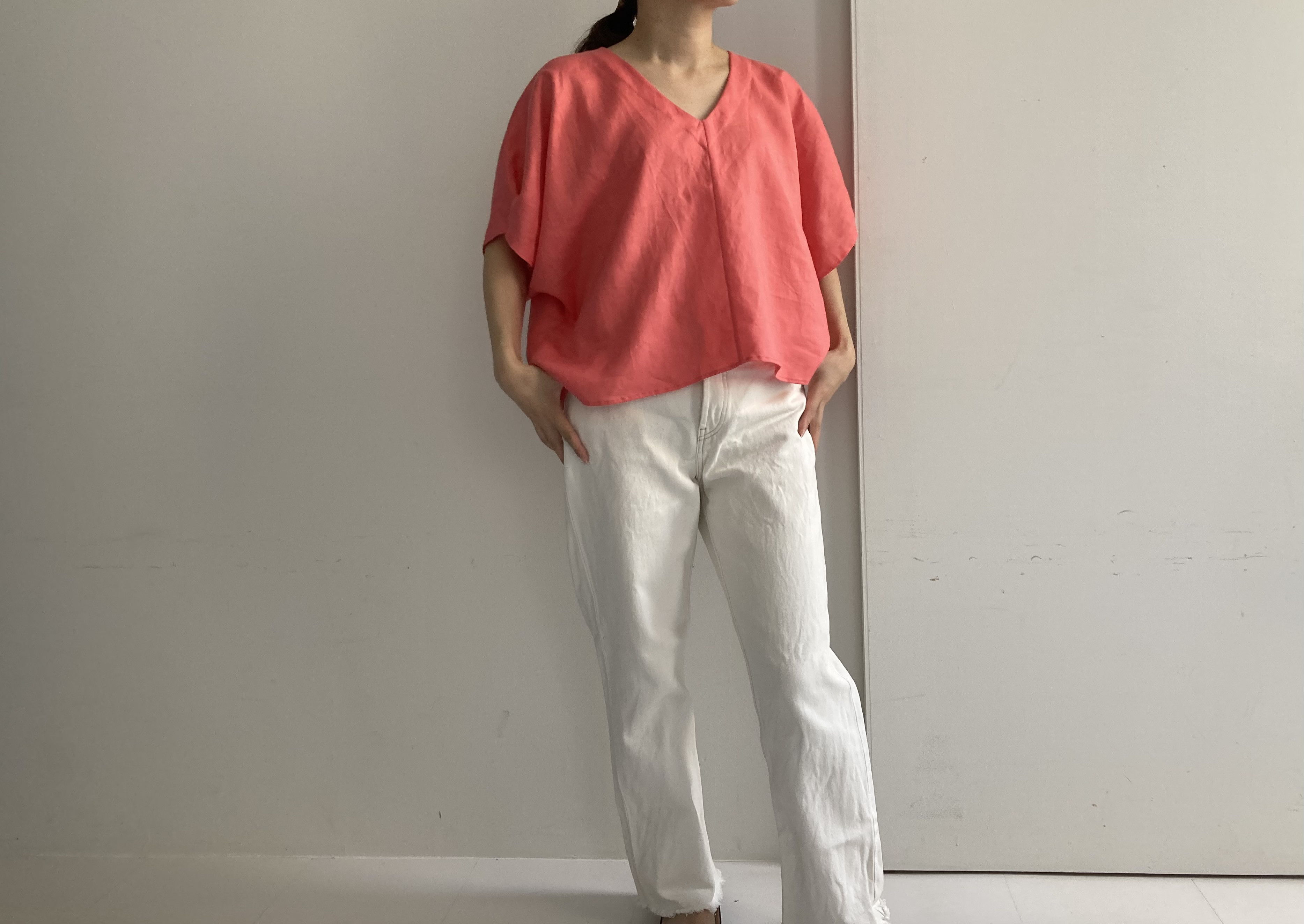 リネンキモノスリーブブラウス(コーラル)