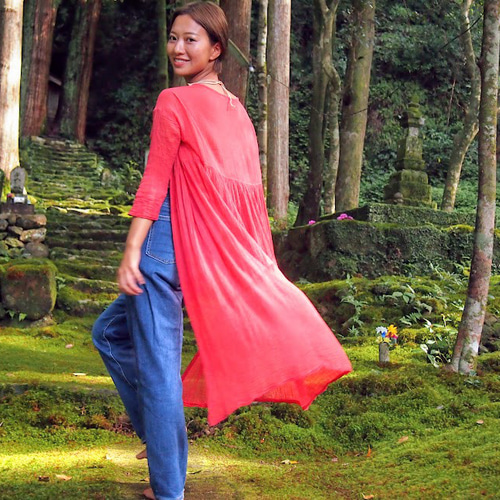 3シーズン！ シングルガーゼ 8分袖薄手羽織コート アカネ染 スプリング