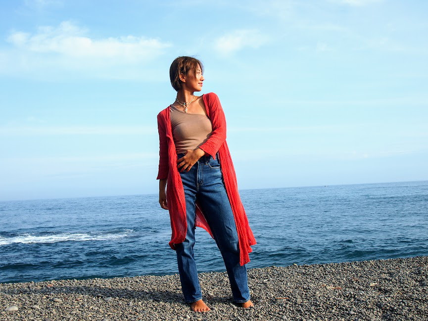 3シーズン！　シングルガーゼ　8分袖薄手羽織コート　アカネ染