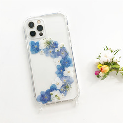 スマホショルダー かすみ草と紫陽花 押し花ケース iPhone13Pro/SE/14Pro 斜め掛け スマホケース 7枚目の画像