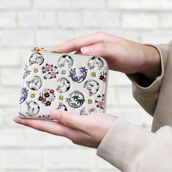 浅草文庫 牛革/文庫革 コンパクトな L字ファスナーミニ財布 猫柄