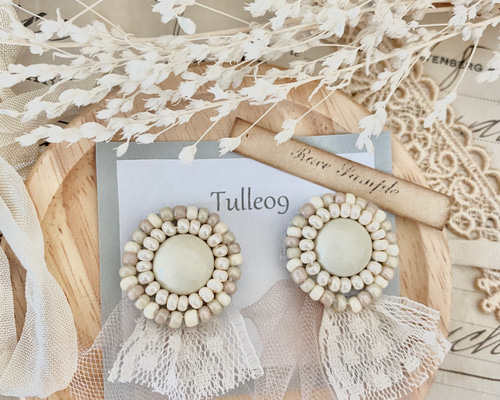 青チュールパールボタンピアスイヤリングリボンヴィンテージレース