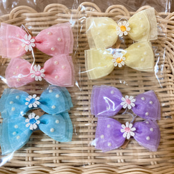 大人気 オーガンジーリボン ヘアゴム 小花 パール パステルカラー