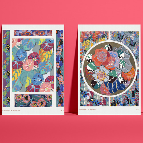 NO.413】朝顔のアールデコ模様アートポスター☆花柄ボタニカルフラワー