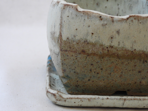 砂粒ナチュラル陶製角植木鉢(皿付き) 8枚目の画像