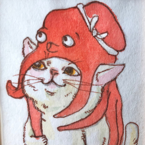 猫のちっちゃな原画 猫に蛸 03 イラスト クワハラシホコ 通販