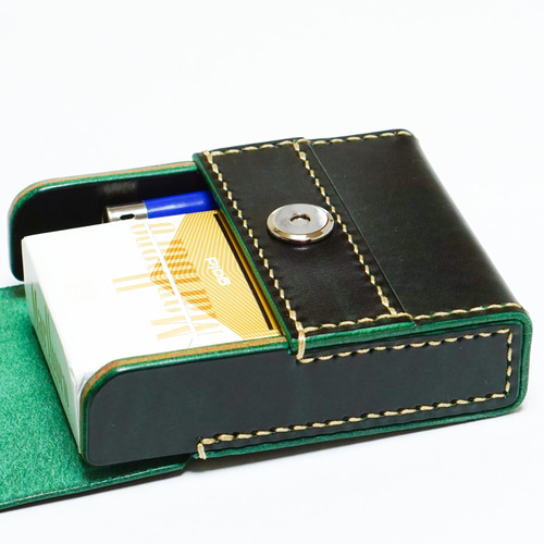 レトロ　七寶焼　タバコケース&ライター　箱入　送料込み250731 受注製作】革の宝石 ルガト ライターも入るタバコケース（緑