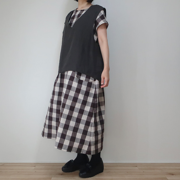 顯瘦寬鬆❣️法式連衣裙（自由/白&amp;棕格紋） 第8張的照片