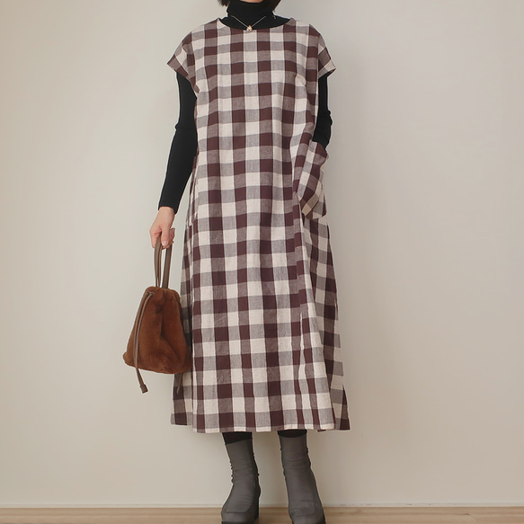 顯瘦寬鬆❣️法式連衣裙（自由/白&amp;棕格紋） 第3張的照片