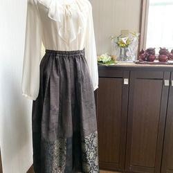 大島紬　裾レース付　切り替えフレアスカート　パッチワーク　茶系　着物リメイク　165 5枚目の画像
