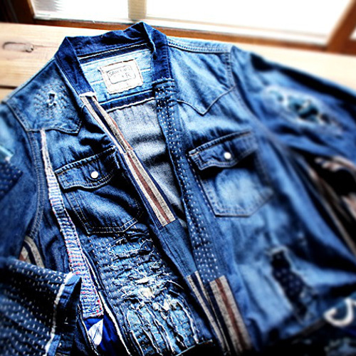 SAYOCAFE再構築、デニムパッチワーク襤褸テイスト半纏 SAYOCAFE再構築