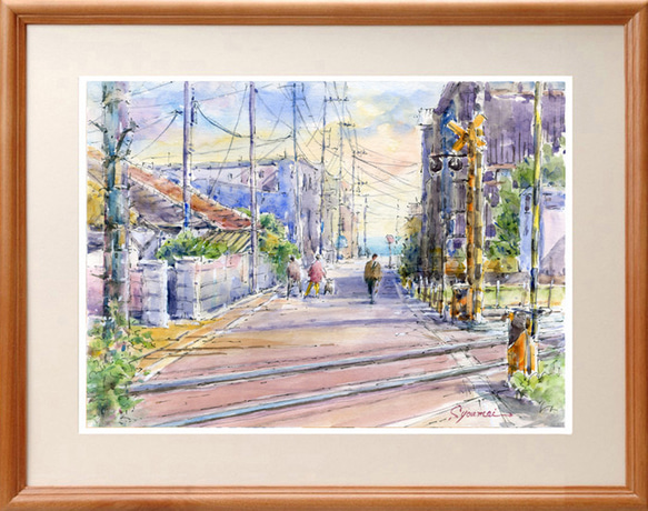 水彩画原画　江ノ電踏切風景・稲村ヶ崎　＃521 1枚目の画像