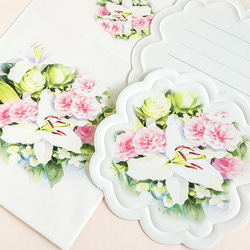 バラとカサブランカ ダイカットメッセージカード花型3枚　封筒付き 1枚目の画像