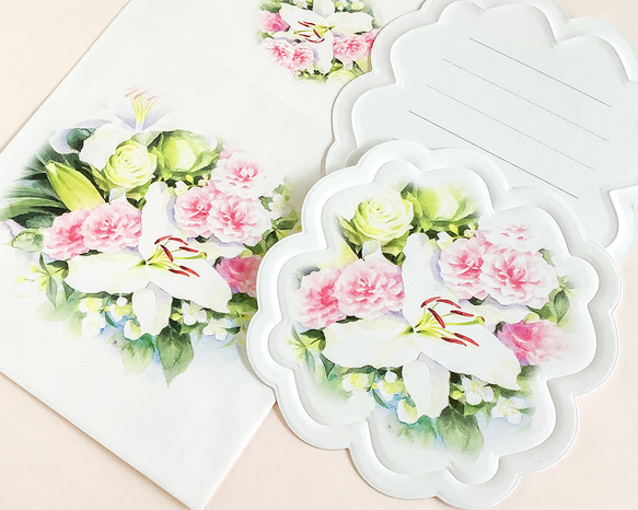 ★新入荷★和風　花型　メッセージカード　カッティングダイ バラとカサブランカ ダイカットメッセージカード花型3枚 封筒付き